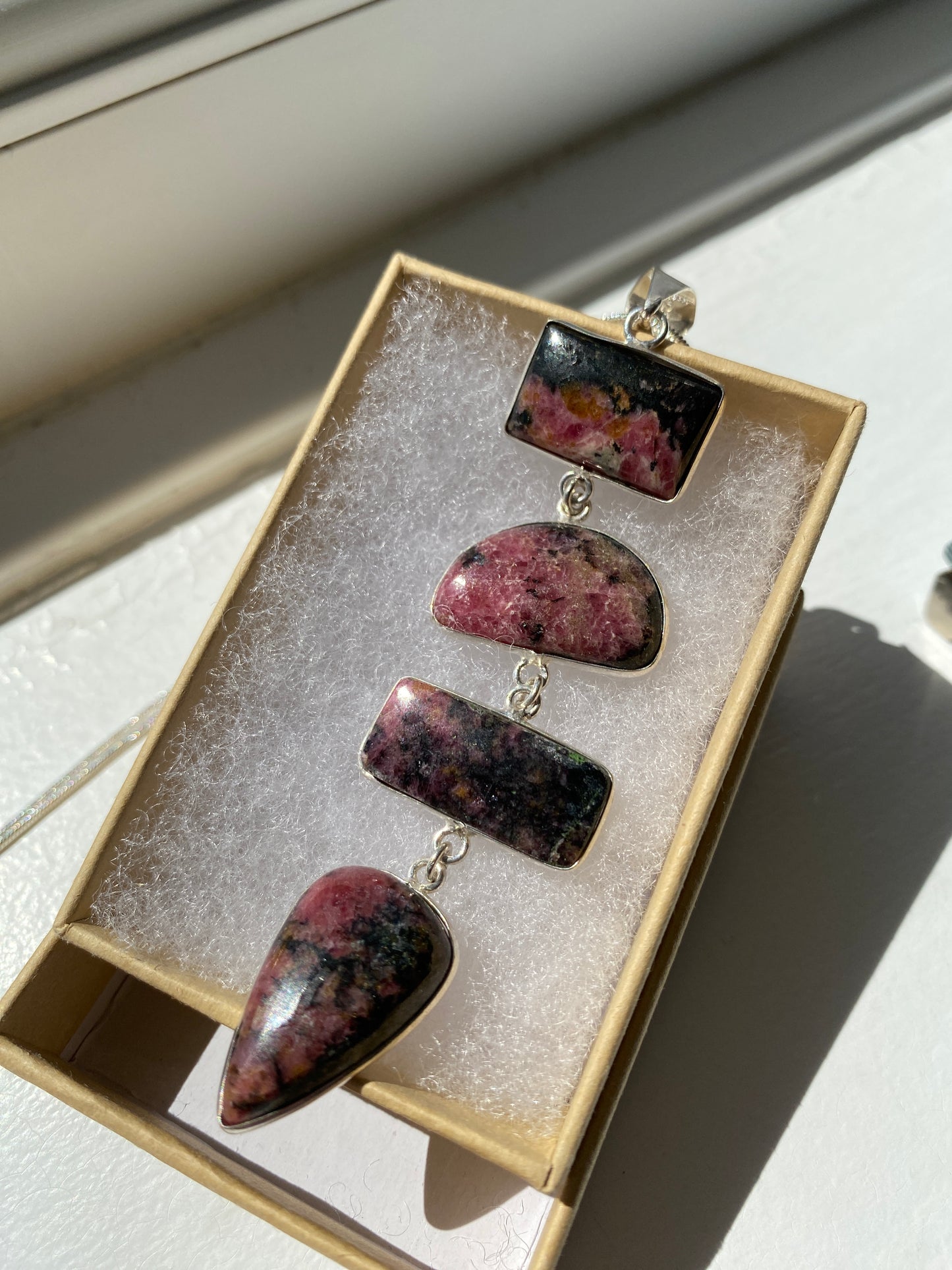 Rhodonite Pendant on Silver Necklace Chain
