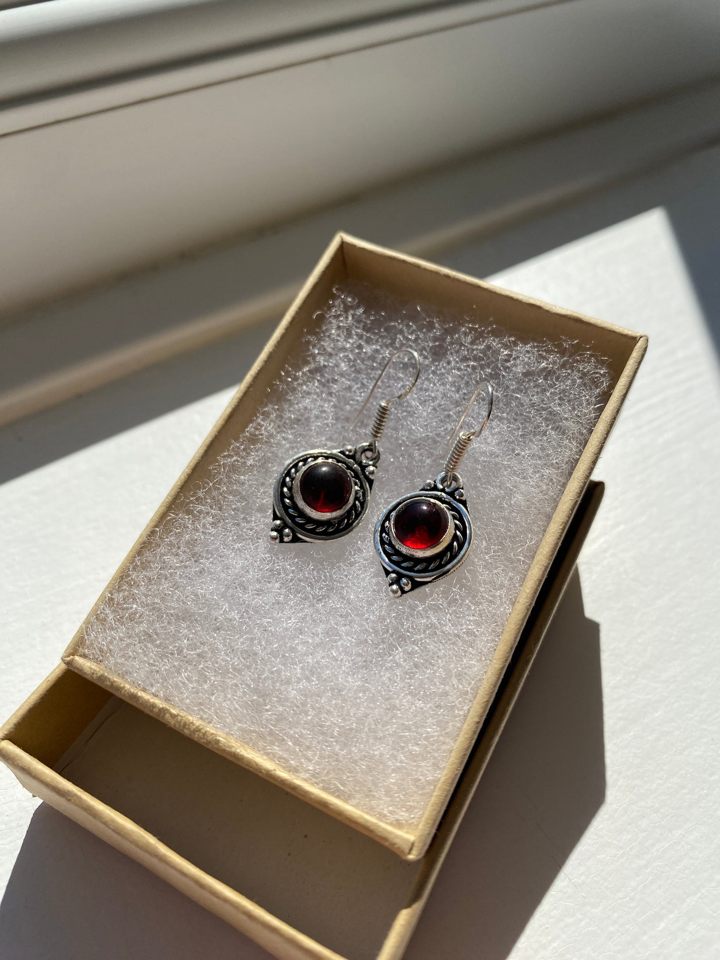 Vintage Style Garnet Glass Silver Drop Earrings