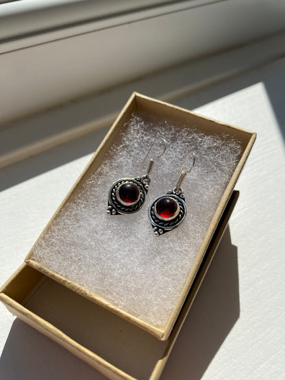Vintage Style Garnet Glass Silver Drop Earrings