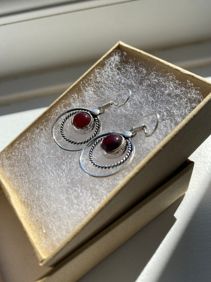 Silver Circle Garnet Earrings