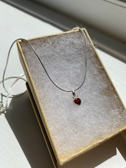 Garnet Silver Heart Pendant Necklace