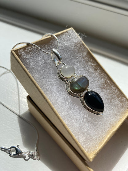 Opalite, Labradorite & Black Onyx Teardrop Pendant