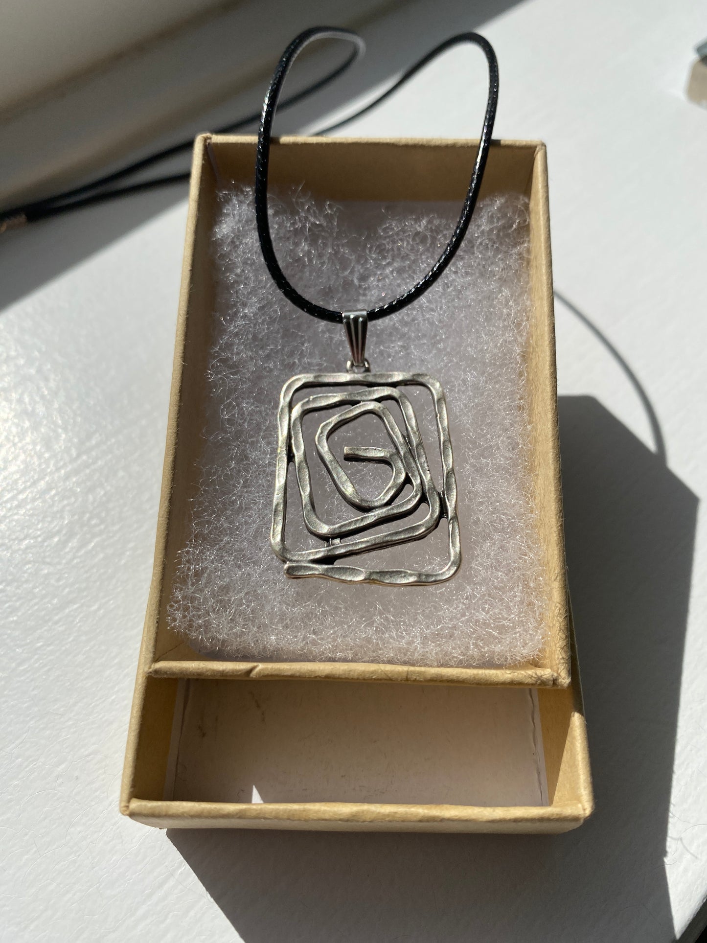 Spiral Swirl Square Hammered Antique Silver Pendant Necklace