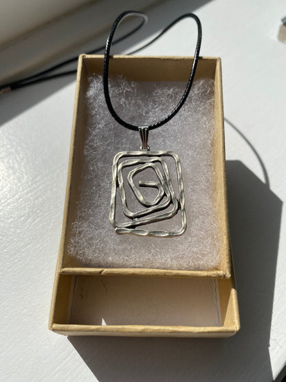 Spiral Swirl Square Hammered Antique Silver Pendant Necklace