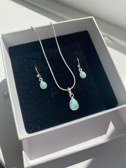 Sea Blue Larimar Silver Necklace and Earring Set