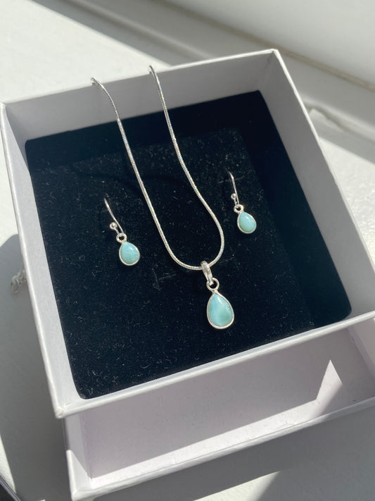 Sea Blue Larimar Silver Necklace and Earring Set
