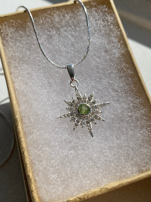 Peridot & White Topaz Starburst Silver Pendant Necklace
