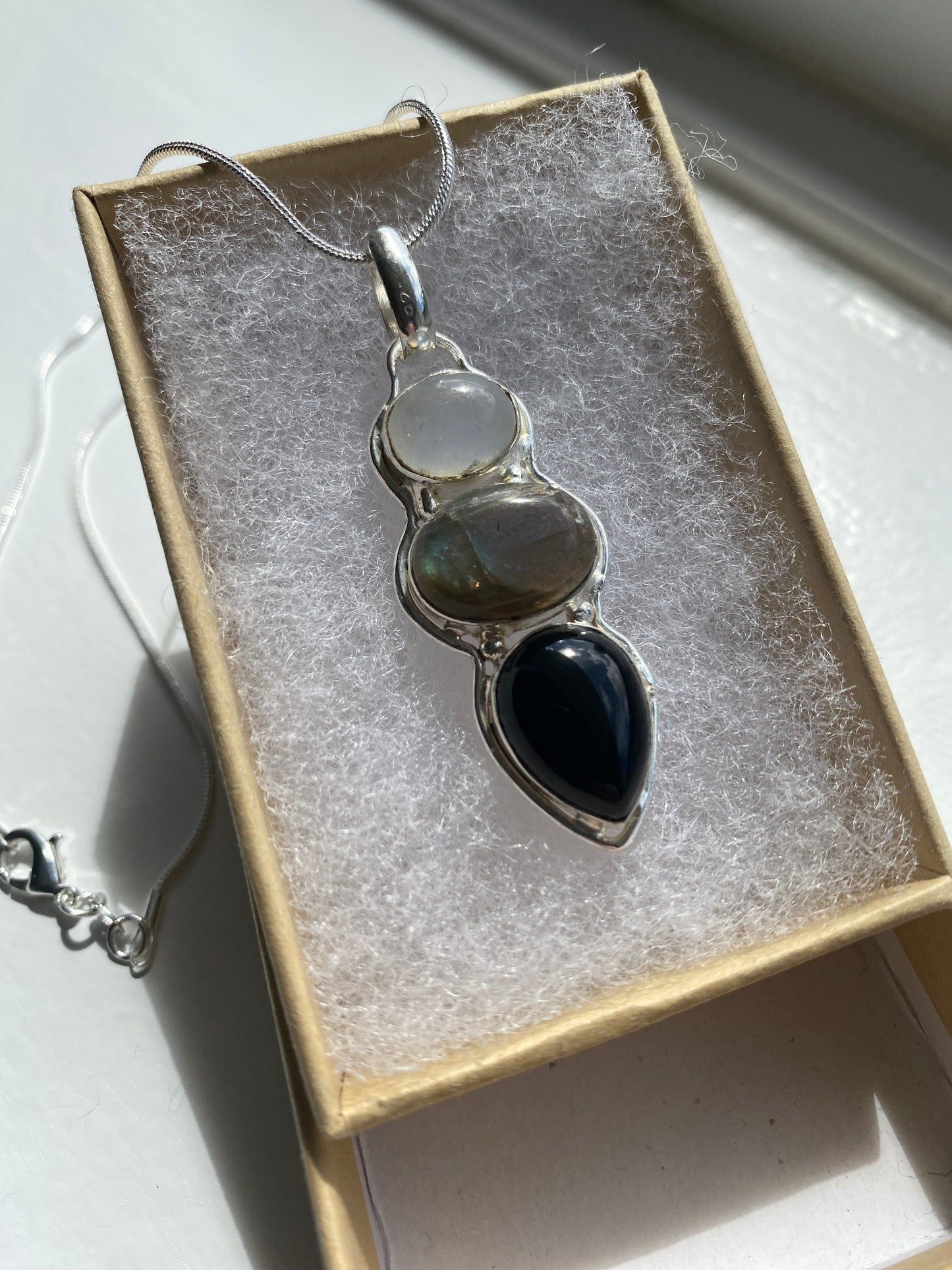 Opalite, Labradorite & Black Onyx Teardrop Pendant