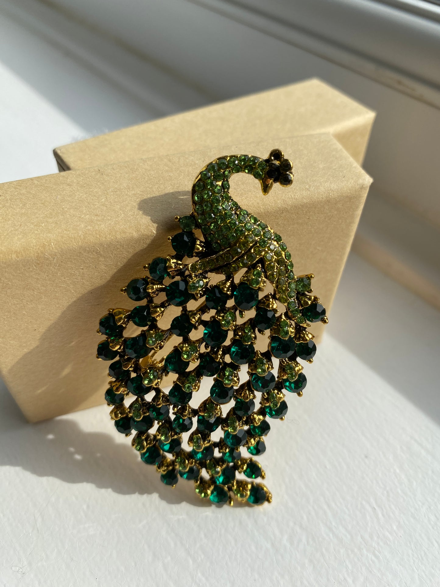 Green Rhinestone Crystal Peacock Brooch