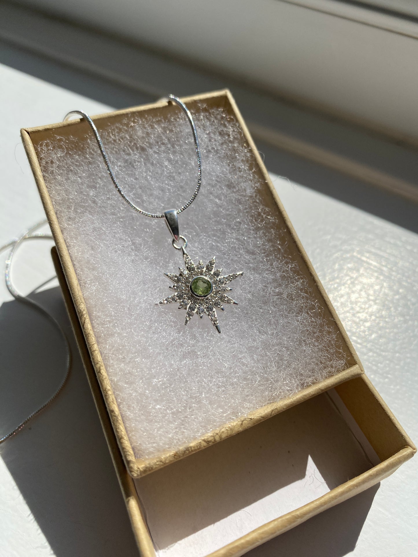 Peridot & White Topaz Starburst Silver Pendant Necklace