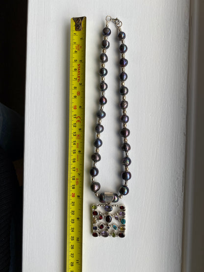 Stone Studded Silver Pendant on Tahitian Black Pearl