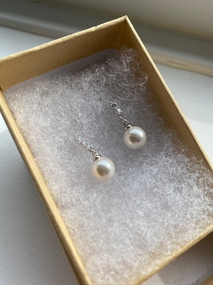 Silver Pearl Drop CZ Earrings