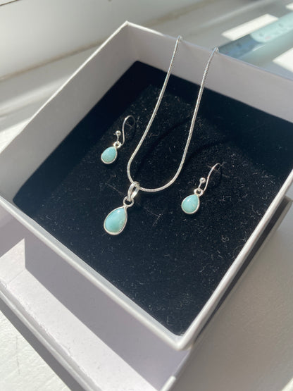 Sea Blue Larimar Silver Necklace and Earring Set