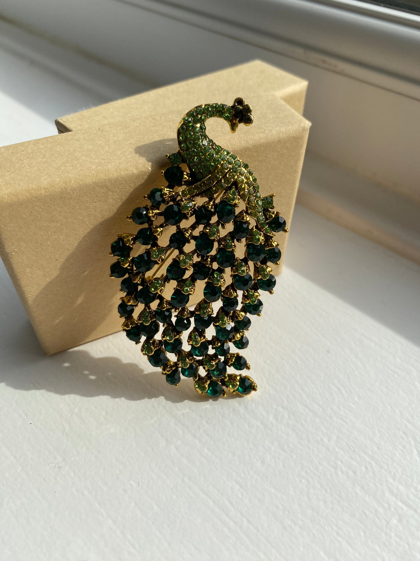 Green Rhinestone Crystal Peacock Brooch