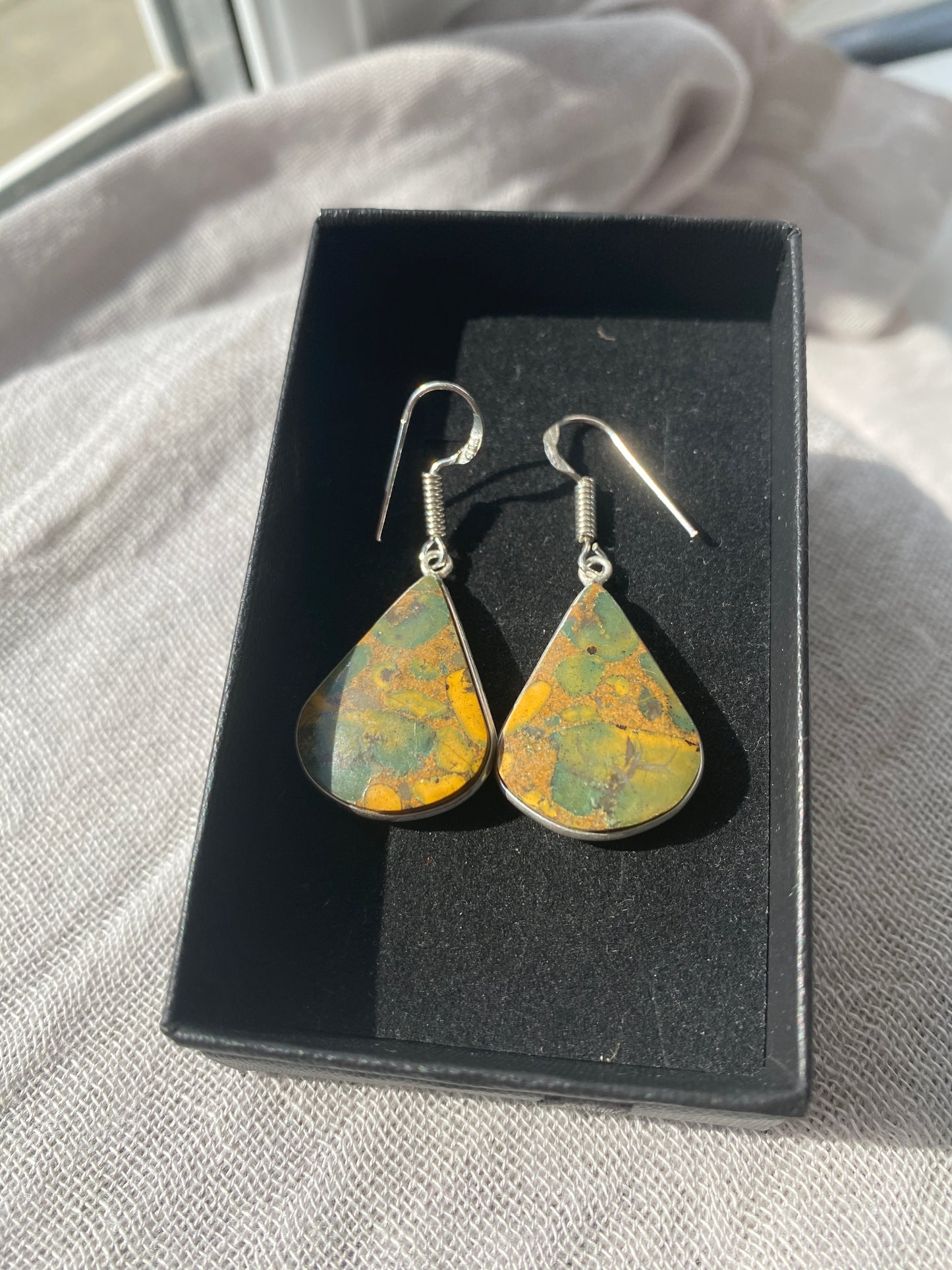 Rainforest Jasper Triangle Teardrop Earrings