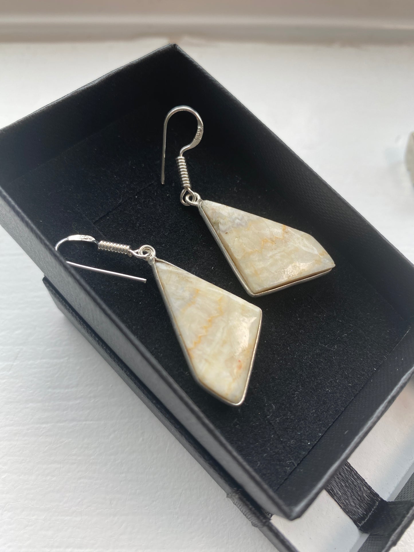 Cream Jasper Silver Drop Earrings
