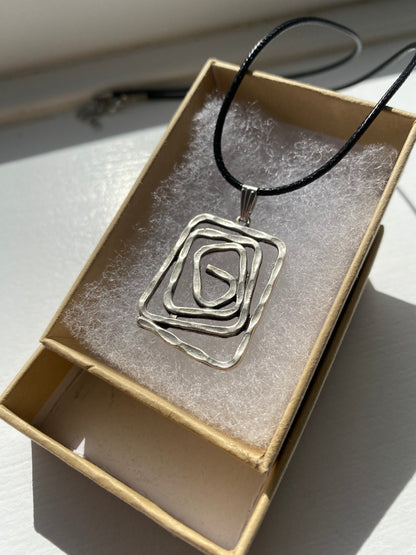 Spiral Swirl Square Hammered Antique Silver Pendant Necklace