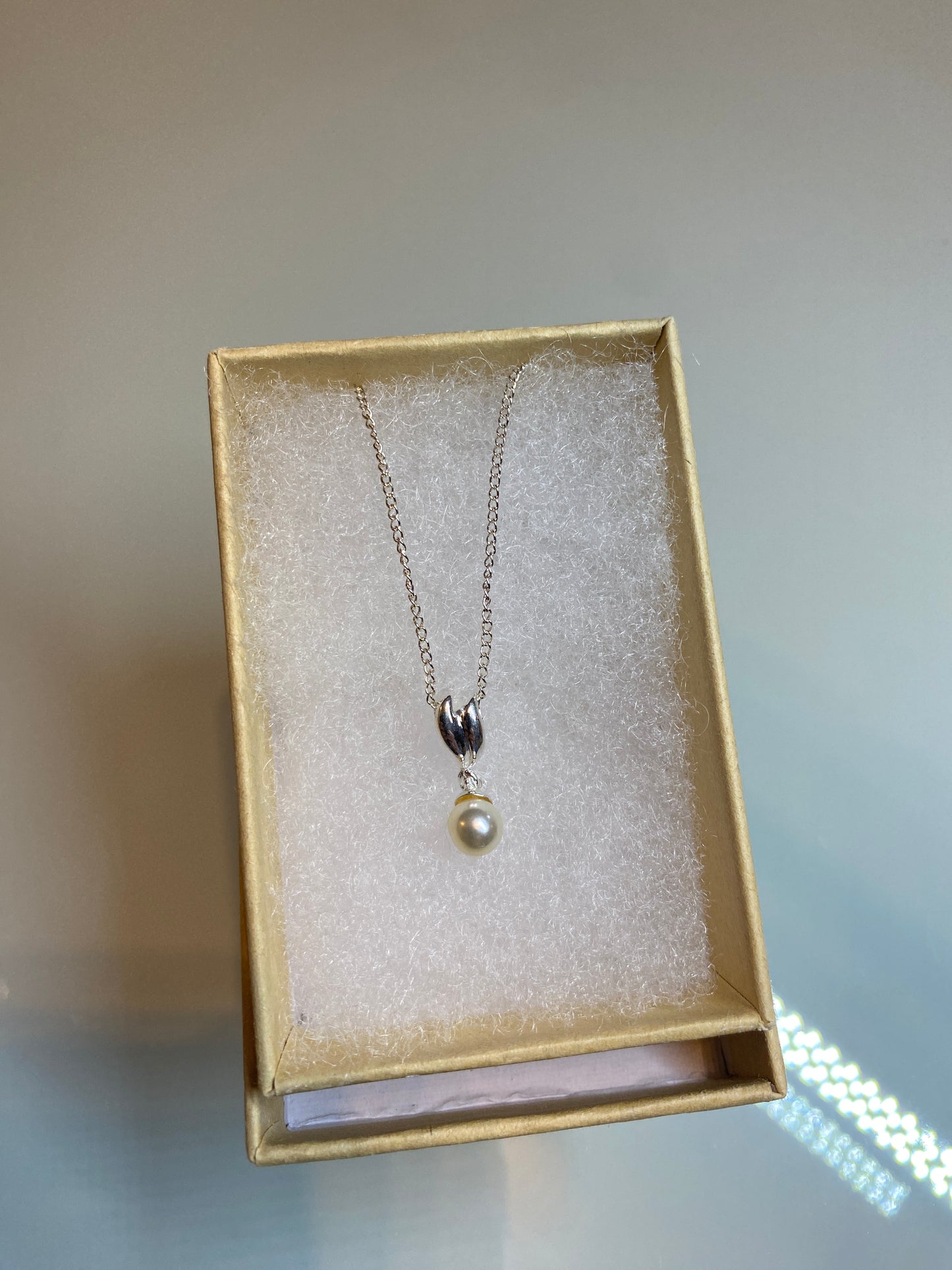 Silver Coffee Bean Pearl Drop Pendant Necklace