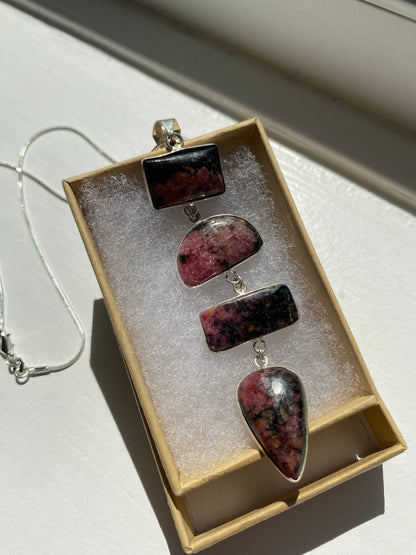 Rhodonite Pendant on Silver Necklace Chain