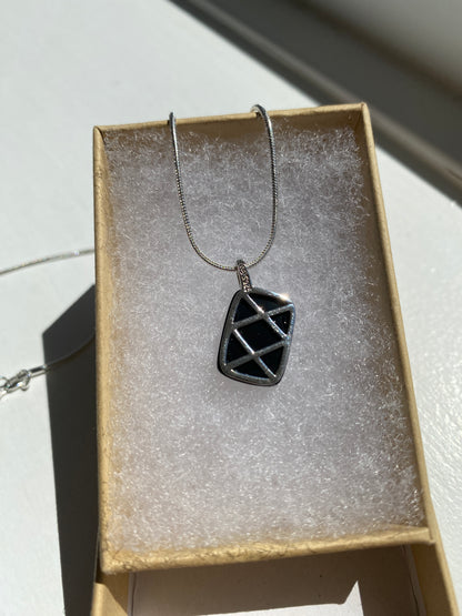 Black Onyx & Silver Criss Cross Pendant