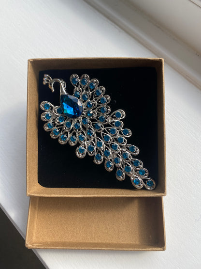 Blue Rhinestone Crystal Peacock Brooch