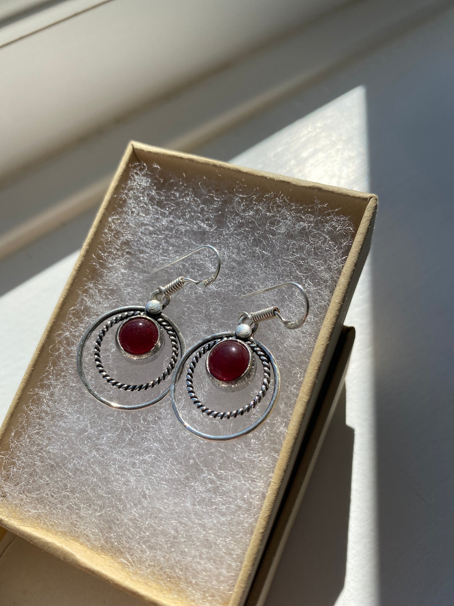 Silver Circle Garnet Earrings