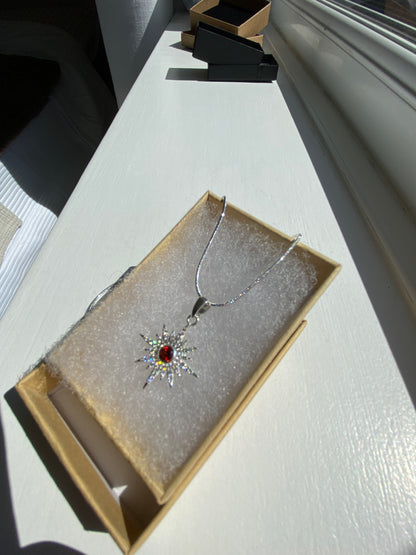 Garnet & White Topaz Starburst Silver Pendant Necklace