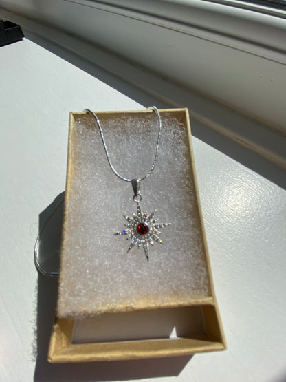 Garnet & White Topaz Starburst Silver Pendant Necklace