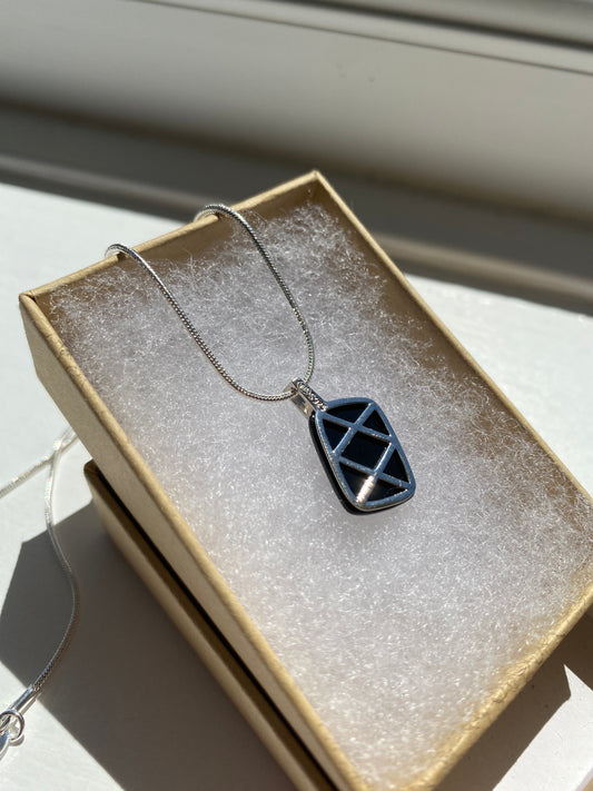 Black Onyx & Silver Criss Cross Pendant