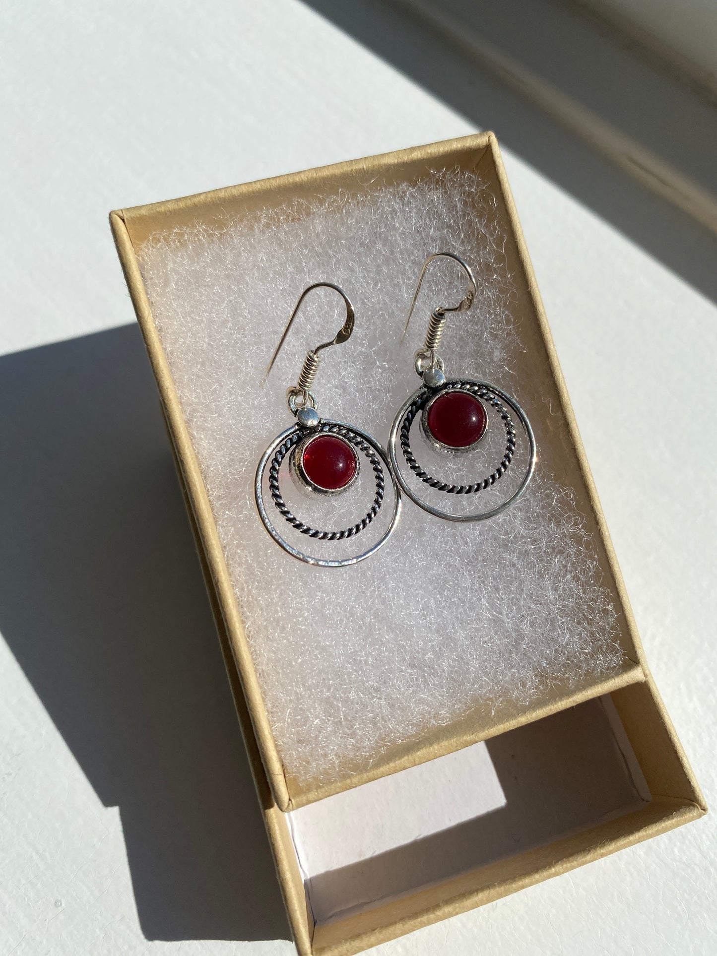 Silver Circle Garnet Earrings