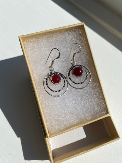 Silver Circle Garnet Earrings