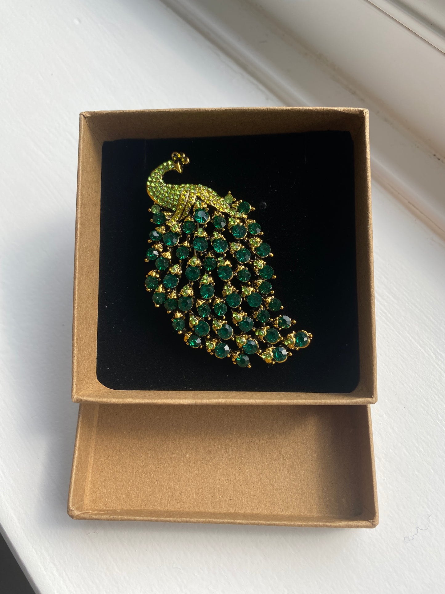 Green Rhinestone Crystal Peacock Brooch