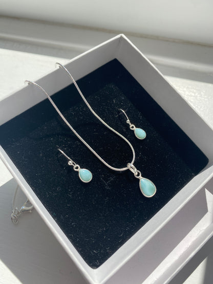 Sea Blue Larimar Silver Necklace and Earring Set