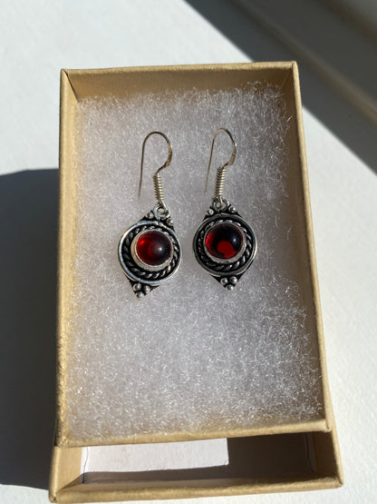 Vintage Style Garnet Glass Silver Drop Earrings