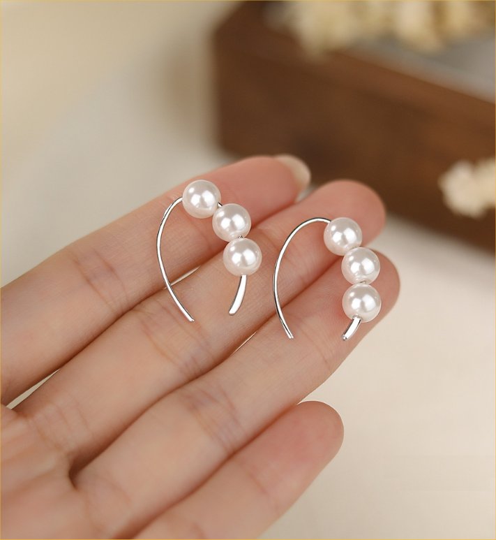 Triple Pearl Silver Earrings