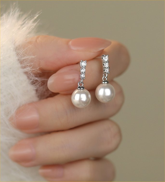 Silver Pearl Drop CZ Earrings