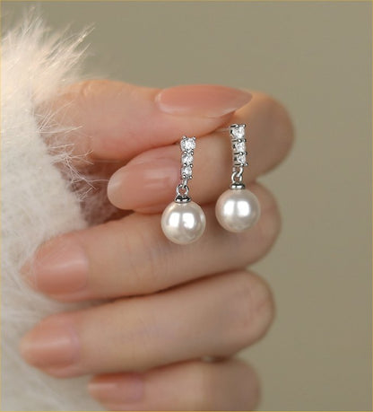 Silver Pearl Drop CZ Earrings