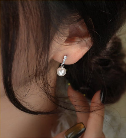 Silver Pearl Drop CZ Earrings