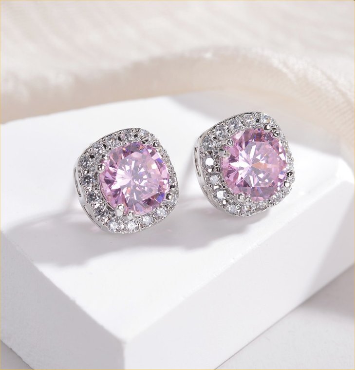 Square Pink Topaz Ear Studs