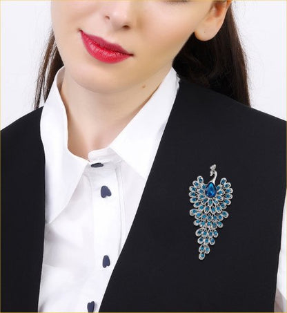 Blue Rhinestone Crystal Peacock Brooch