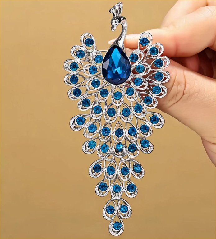 Blue Rhinestone Crystal Peacock Brooch