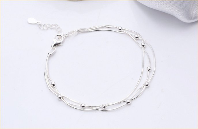 Three-Layer Beaded Silver Bracelet