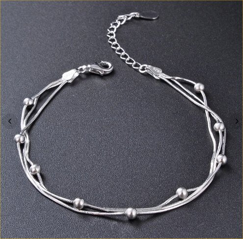 Three-Layer Beaded Silver Bracelet