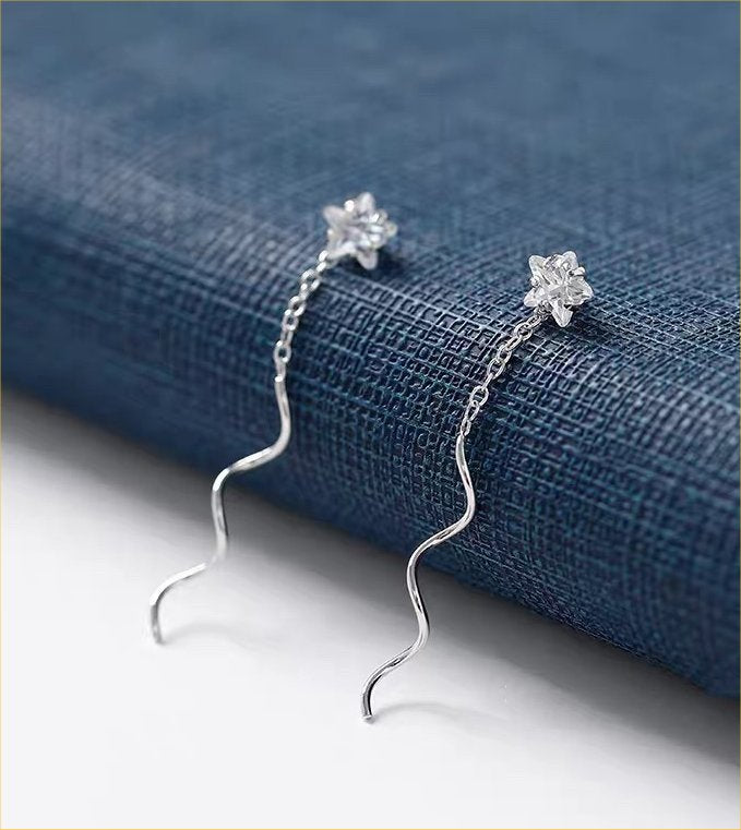 Silver Star Wave Tassel Thread Earrings