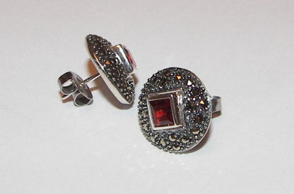 Marcasite & Garnet Silver Earrings
