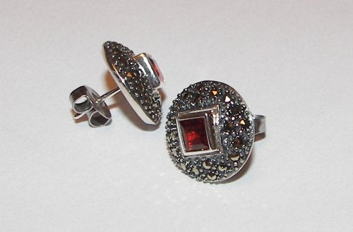 Marcasite & Garnet Silver Earrings