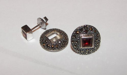 Marcasite & Garnet Silver Earrings