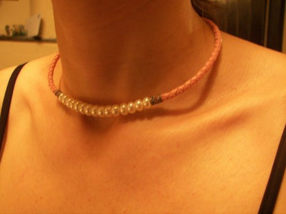 Pink Leather & Pearl Necklace, Bracelet & Earring Set
