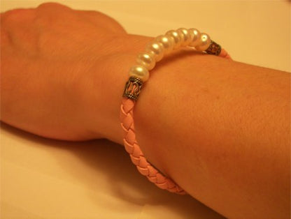 Pink Leather & Pearl Necklace, Bracelet & Earring Set