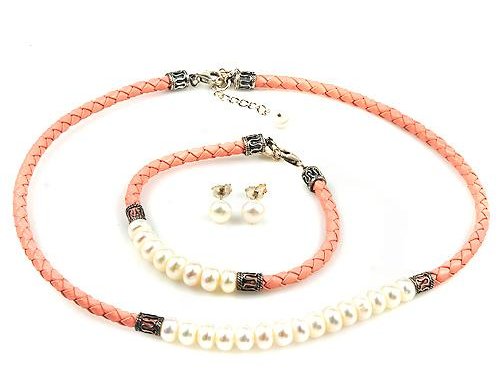 Pink Leather & Pearl Necklace, Bracelet & Earring Set